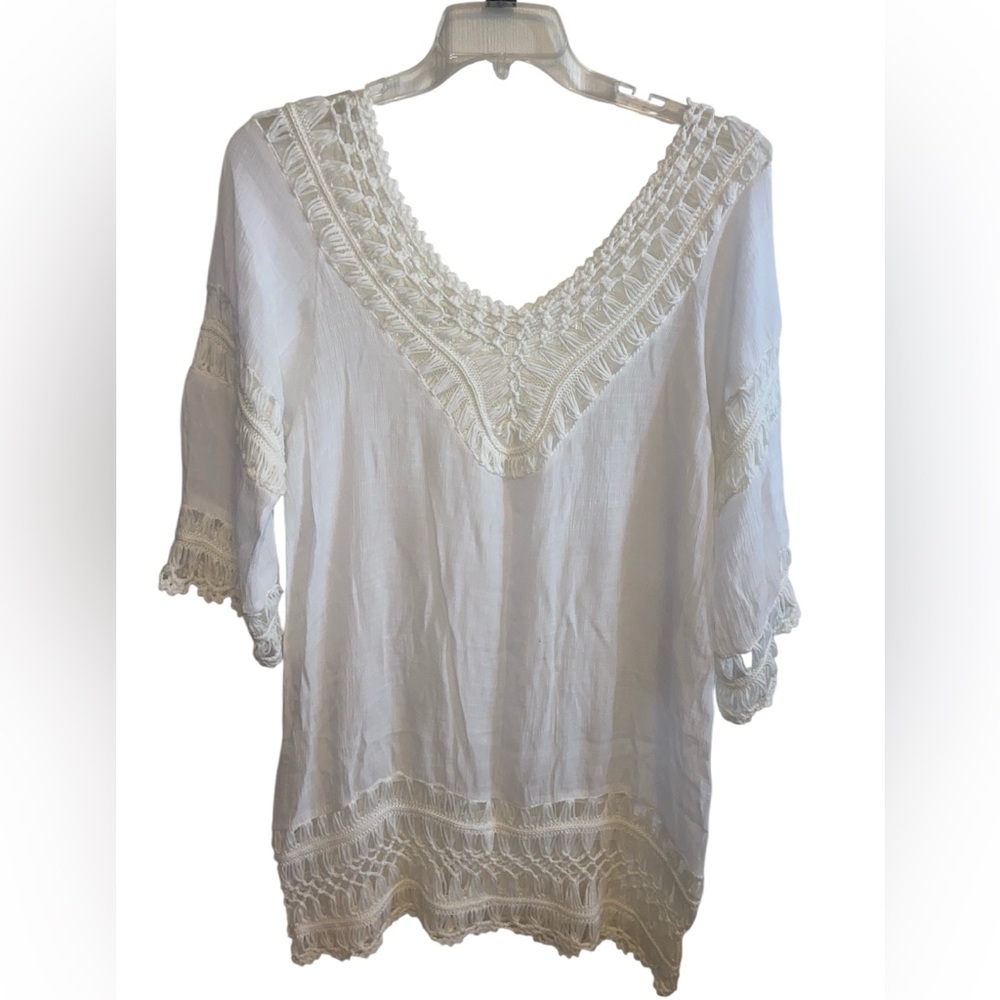 V neck white crochet Embellished 3/4 Sleeve Swim Coverup oversized Large